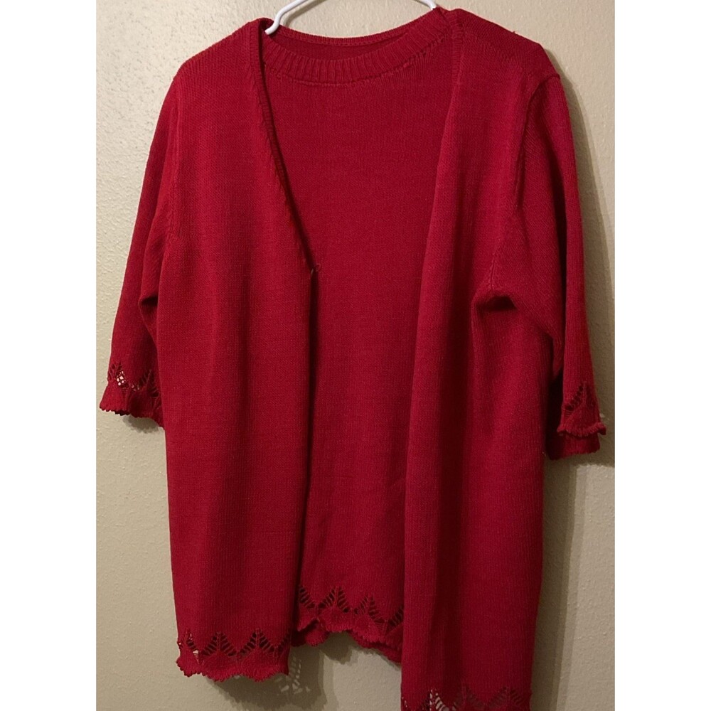 Vintage Red 2 piece Twin Set Cardigan Shell Set Crochet Trim Ribbed Knit Women L